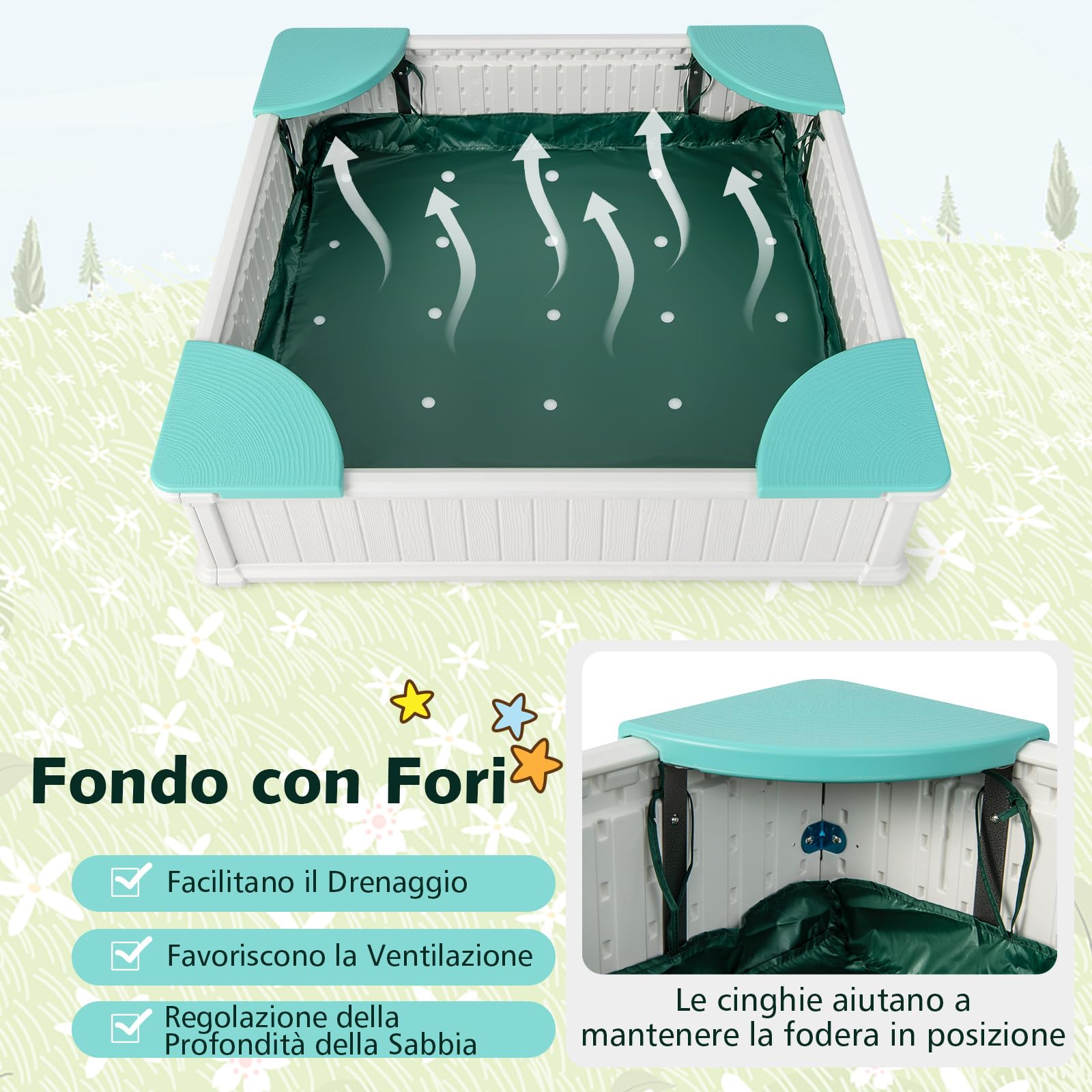 COSTWAY Sabbiera per Bambini, Sabbiera da Cortile con 4 Sedute Angolari e Copertura in Oxford, per Cortile Spiaggia Prato, 123,5 x 123,5 x 31,5 cm (Verde+Bianco)