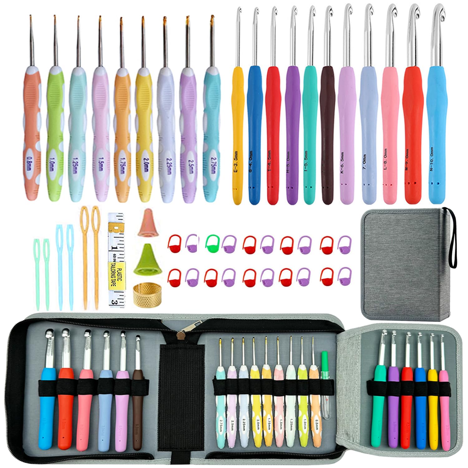 Mdoker Juego de ganchos de ganchillo de 21 tamaños, gancho ergonómico con estuche para manos artríticas, juego completo de ganchillo para principiantes y amantes del ganchillo (0.8 mm-10 mm)