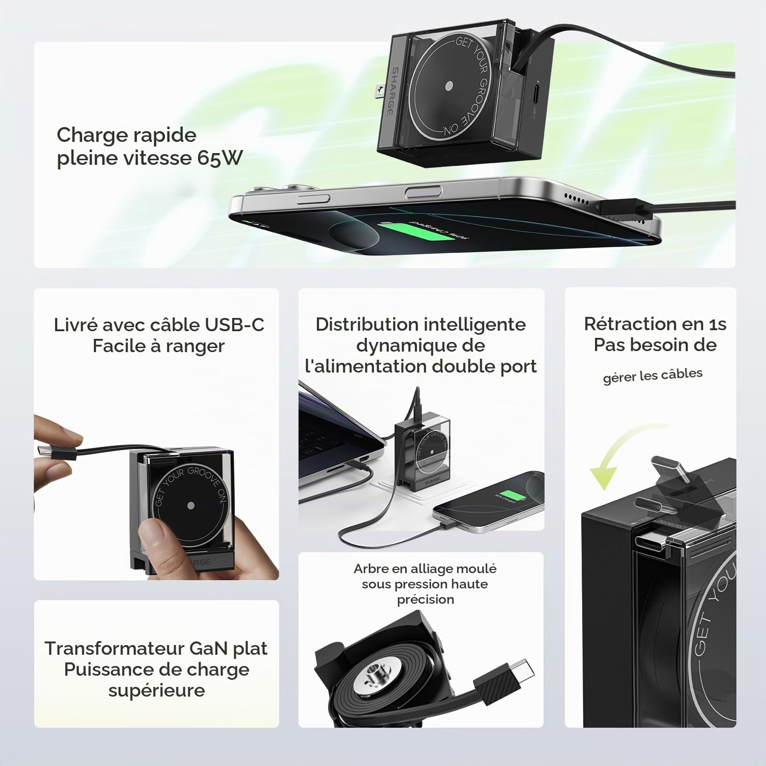 SHARGE Chargeur USB-C Mural GaN 65W PD avec Rétractable Câble Intégré Noir