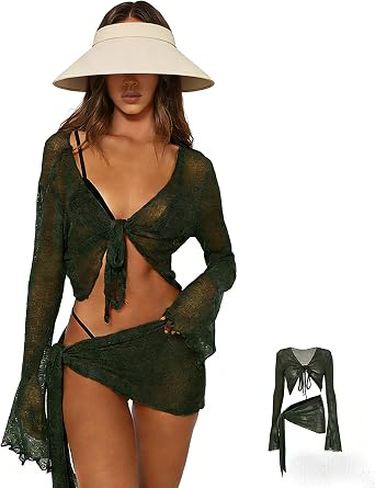 Bikini Cover Up Two Piece Swim Coverups for Bathing Suits with Long Sleeve Women Beach Wrap Swimsuit Outfits