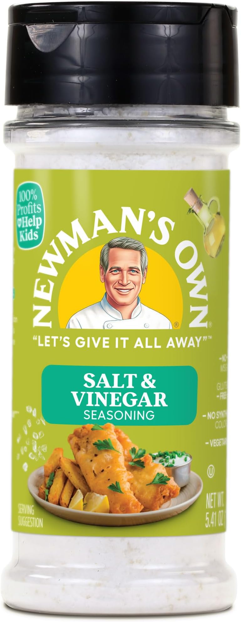 Newman's Own Salt & Vinegar Seasoning, Perfect for Wings, Popcorn, Fries, BBQ, Salads, and Veggies, Gluten Free, Kosher Certified, 5.41 Oz. Bottle