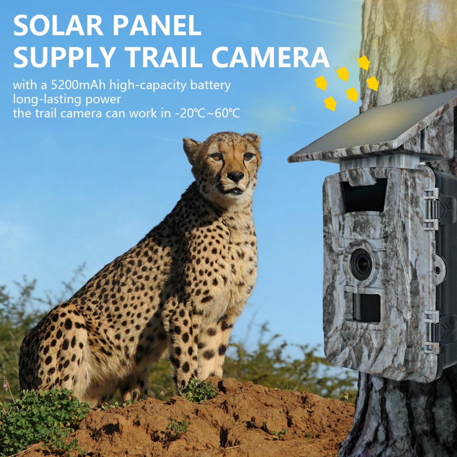 EMEBAY Cámara de Caza Solar Tarjeta SD de 64GB, 4K 60MP WiFi Cámara de Caza | Batería Recargable 5200mAh, Cámara de Fototrampeo con Visión Nocturna Infrarroja, Detección de Movimiento, IP66