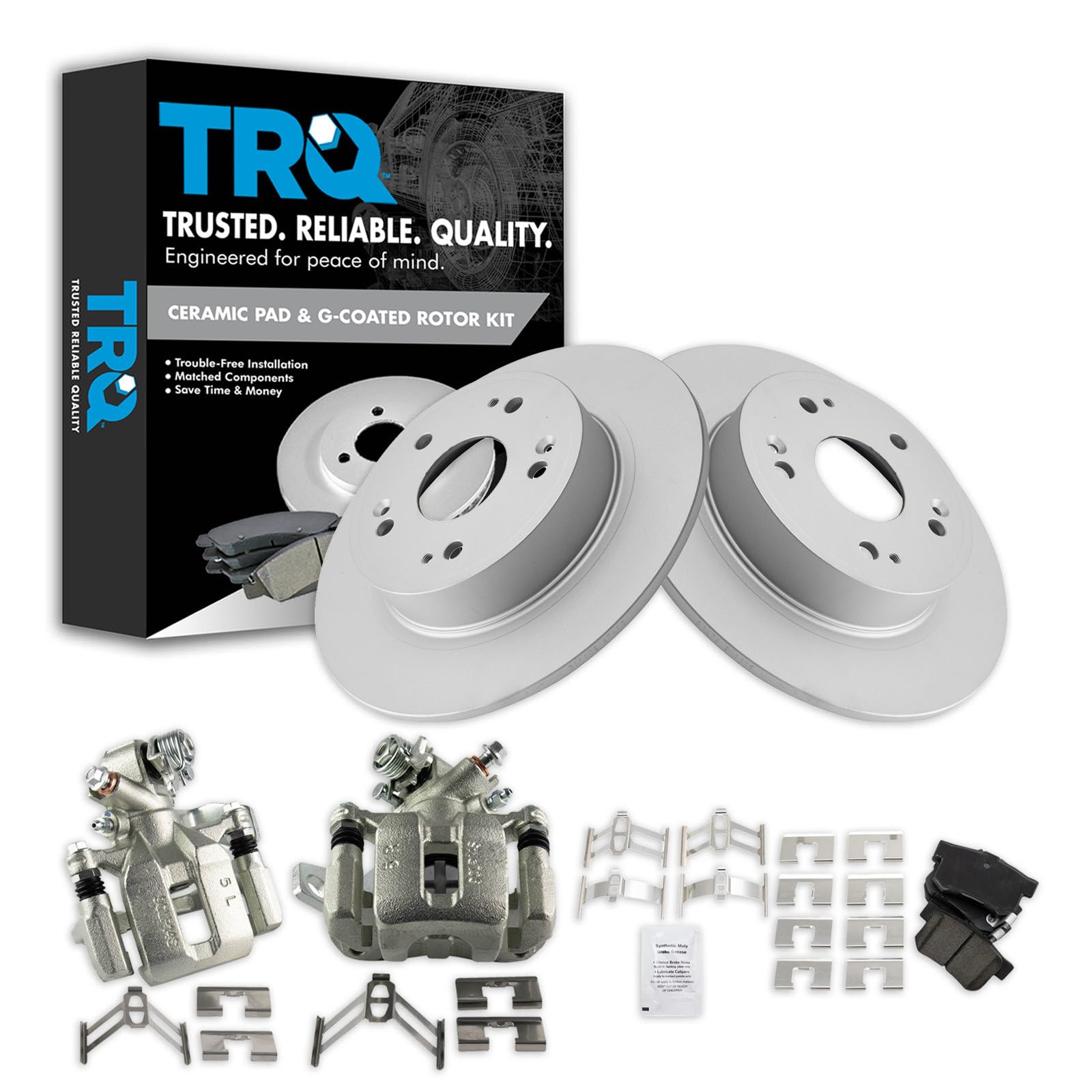 TRQ Rear Brake Pad and Rotor Set Ceramic Solid Rotors G Coated Calipers
