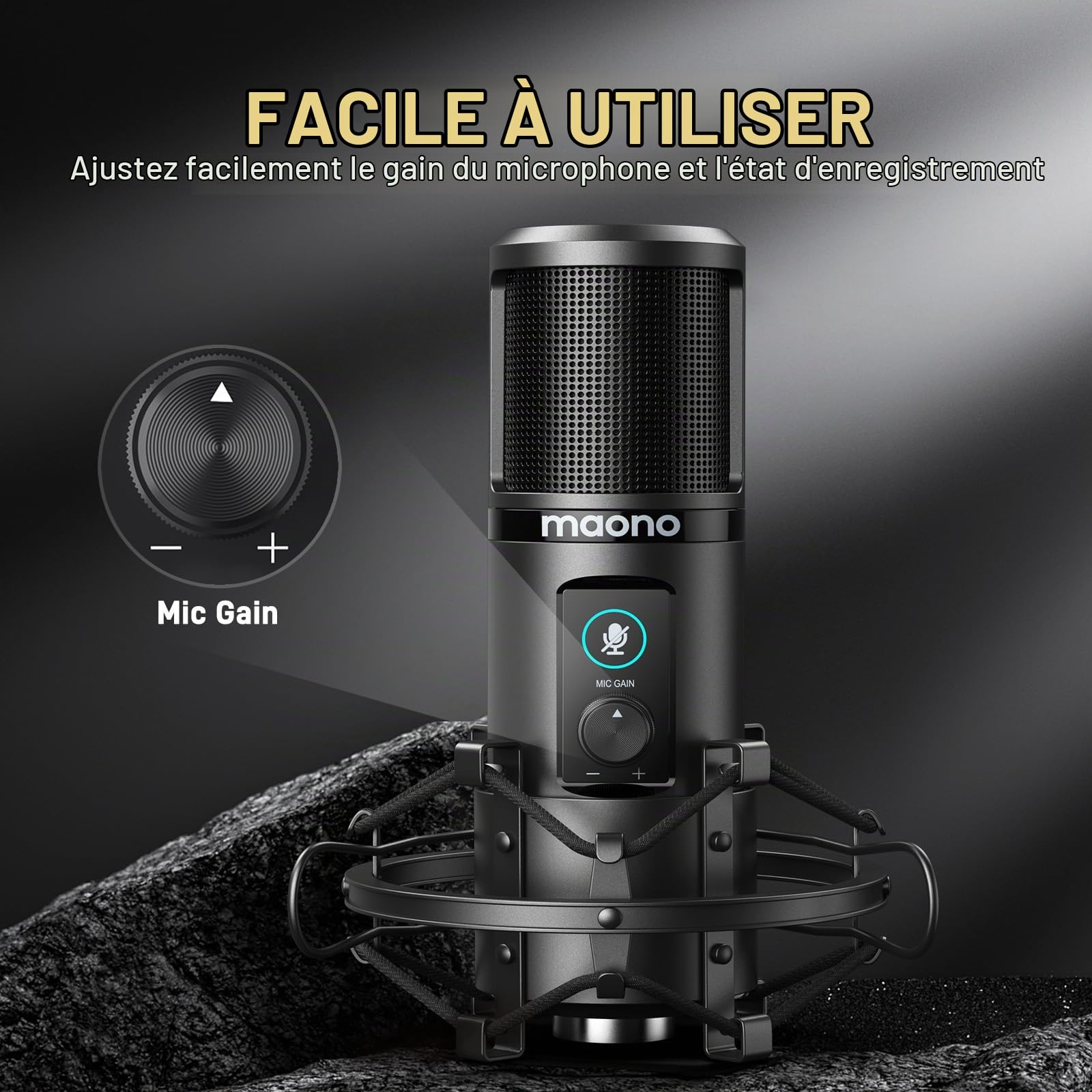 MAONO Micro USB Convient au PC, Microphone USB est équipé de 192 kHz/24 Bits, Micro USB avec Fonction de sourdine en Un clic Convient au Streaming Media, blogs, aux Jeux, Video Conference (PM421)