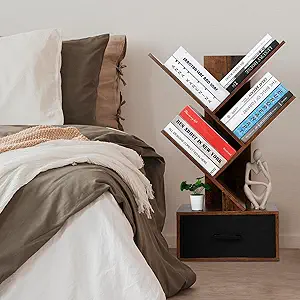 GlowSol Tree Bookshelf-4 Shelf Bookcase with Drawer, Free Standing Tree Bookcase, Utility Storage Rack for CDs Movies Book, Retro Book Storage Shelves for Living Room, Bedroom,Home, Office