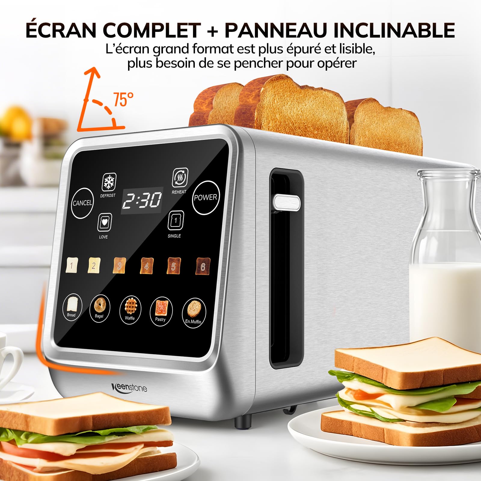 Keenstone Grille-pain 4 Tranches, Intelligent Écran Tactile, Mémoire, Grillage d’Une Tranche, Minuterie, Réchauffage/Dégivrage pour Bagels, Muffins, Essentiel Acier Inoxydable