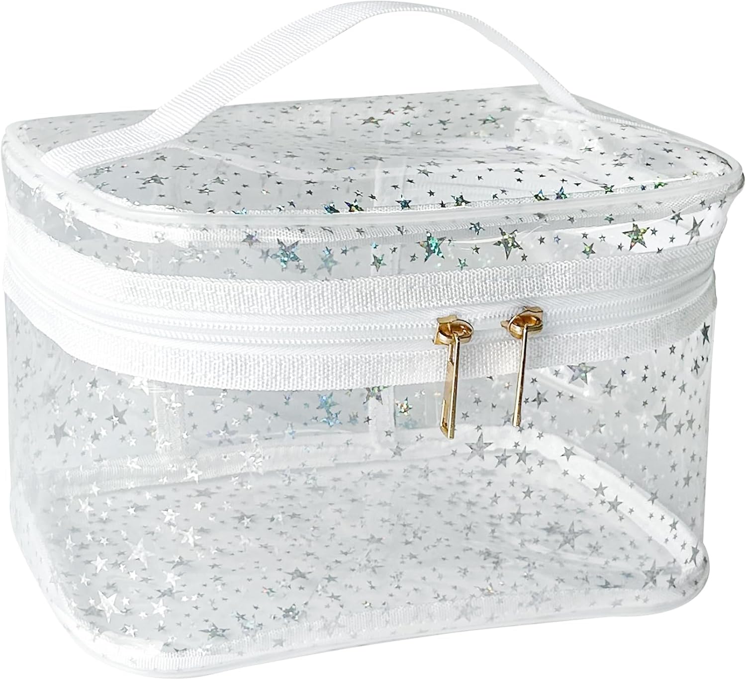 White Star Print PVC Makeup Bag with Handle - 8.66 * 5.51 * 5.51 inch,Clear Storage Bag Toiletry Pocket Portable Zippered Pouch Waterproof Cosmetic Organizer Bags for Women (White-L)