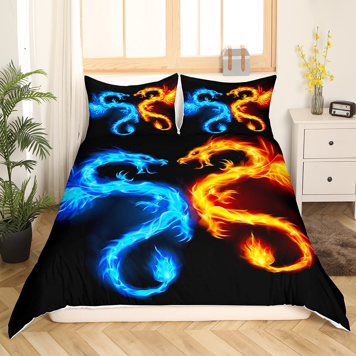 Homewish Water Fire Dragon Bedding Set Animal Themed Duvet Cover Double Size Flaming Dragon Comforter Cover For Boys Teens Man Wildlife Bedroom Decor — image 1