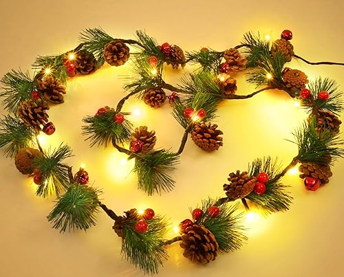 Waipfaru Paquete de 2 guirnaldas de Navidad con luces, guirnalda de pino de Navidad iluminada de 13 pies, guirnalda de Navidad preiluminada con cono