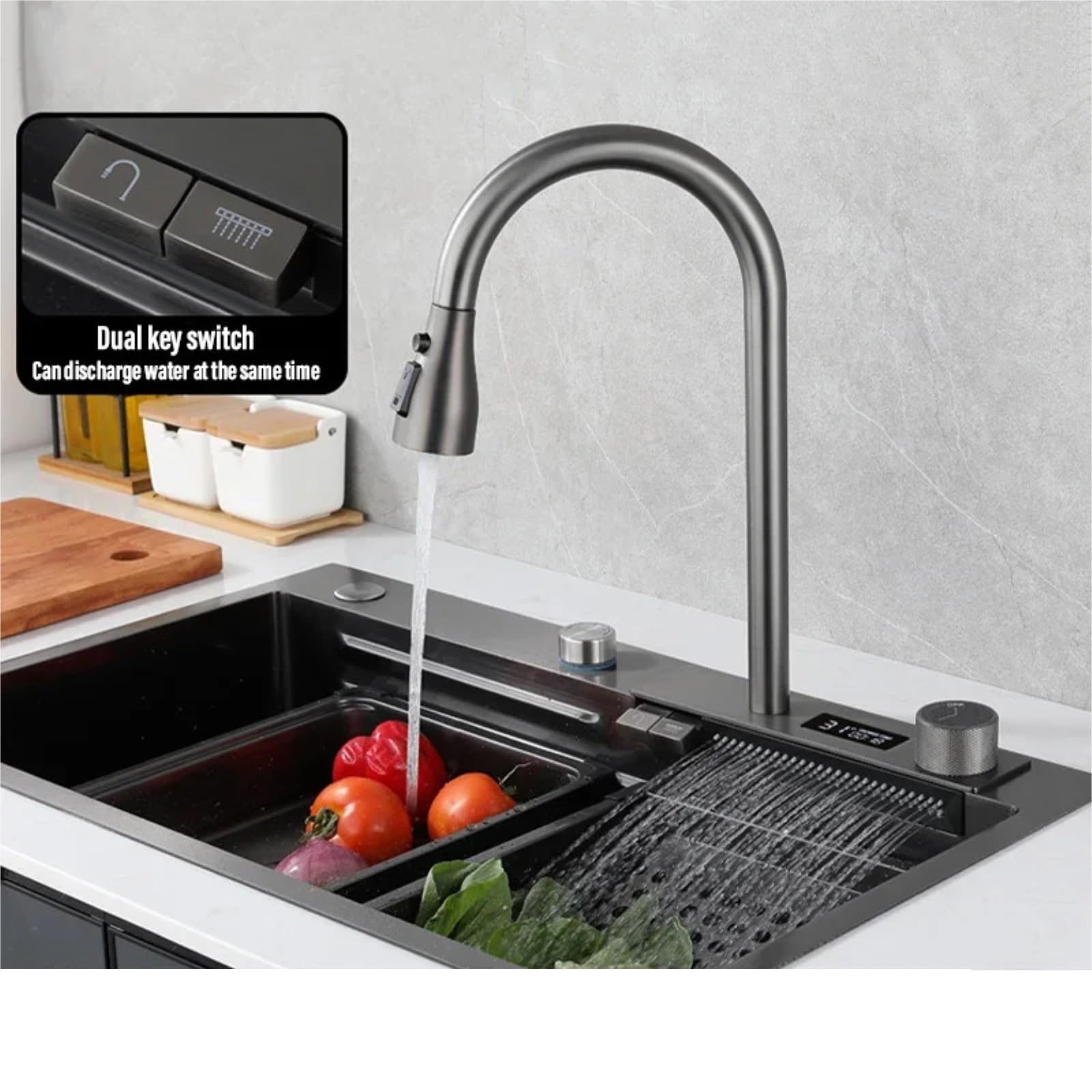 Grifo de cocina latón cepillado, grifo mezclador para fregadero abatible con pantalla LED, montaje en cubierta 2 orificios,Seguro y Confiable