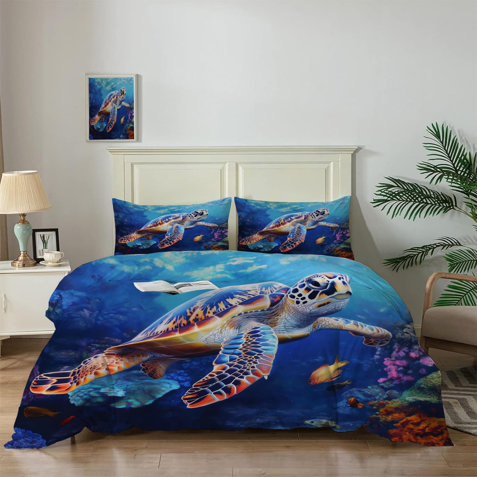 Housse de couette animal marin bleu 200x200cm à fermeture éclair pour enfiler votre couette sans effort