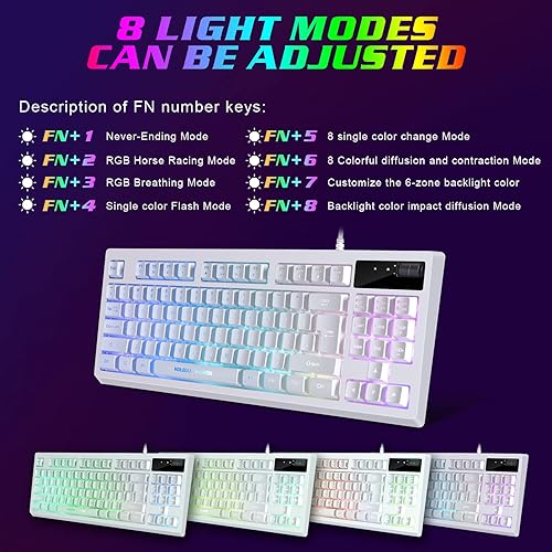 Miniatura 3 de Combo de teclado y mouse RGB para juegos, 87 teclas USB con cable RGB para juegos, sensación mecánica con mouse RGB de 7200 DPI, teclado blanco con