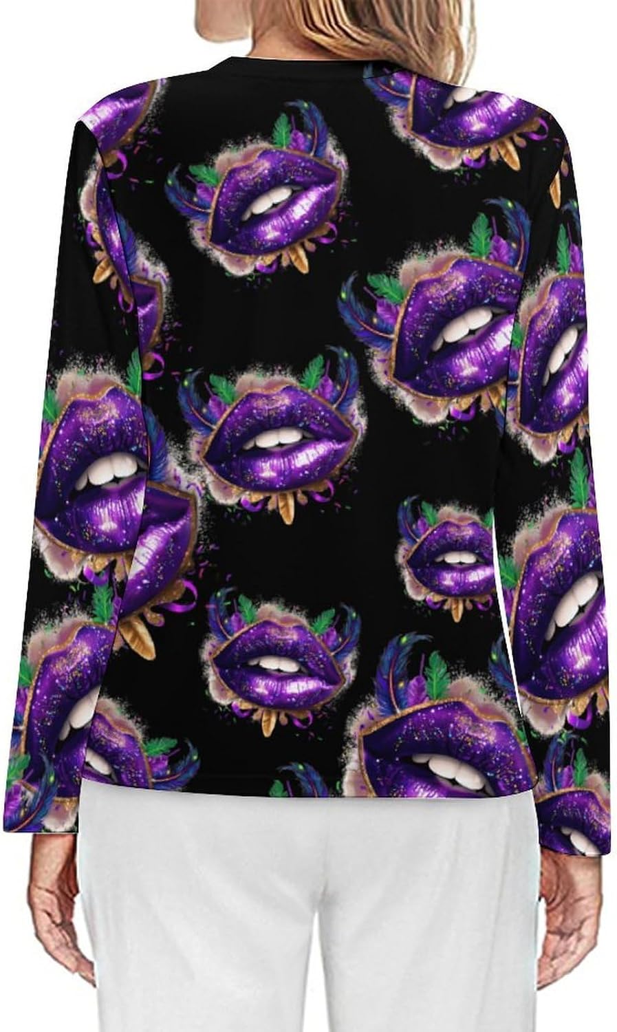 Mardi-Gras Glitter Lips Women's Pajama Top Sleepwear Pajamas Sleep T-Shirt Long Sleeve Shirt Crewneck Tee