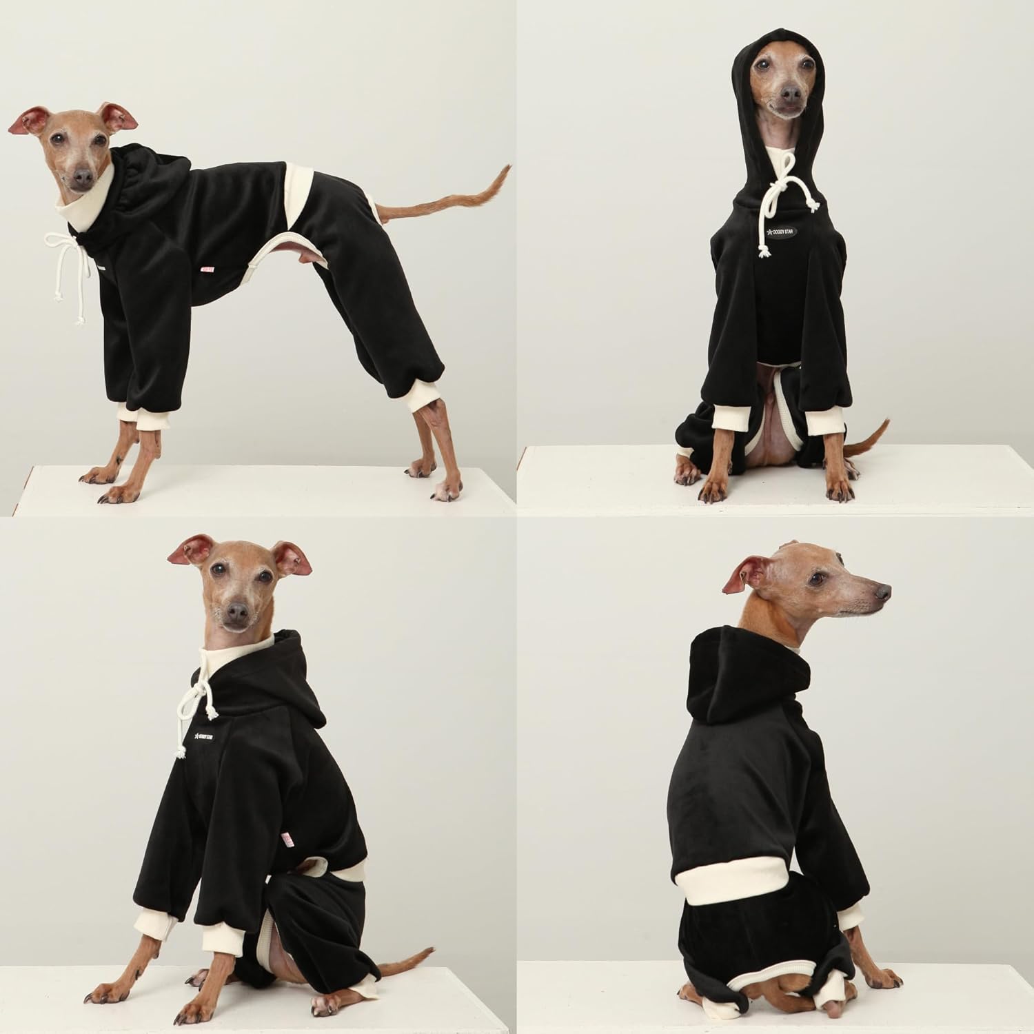 D Doggy Star Italian Greyhound Clothes, Corduroy Velvet Hooded Jumpsuit, Stretchy and Cozy (M,Hoodie Black)
