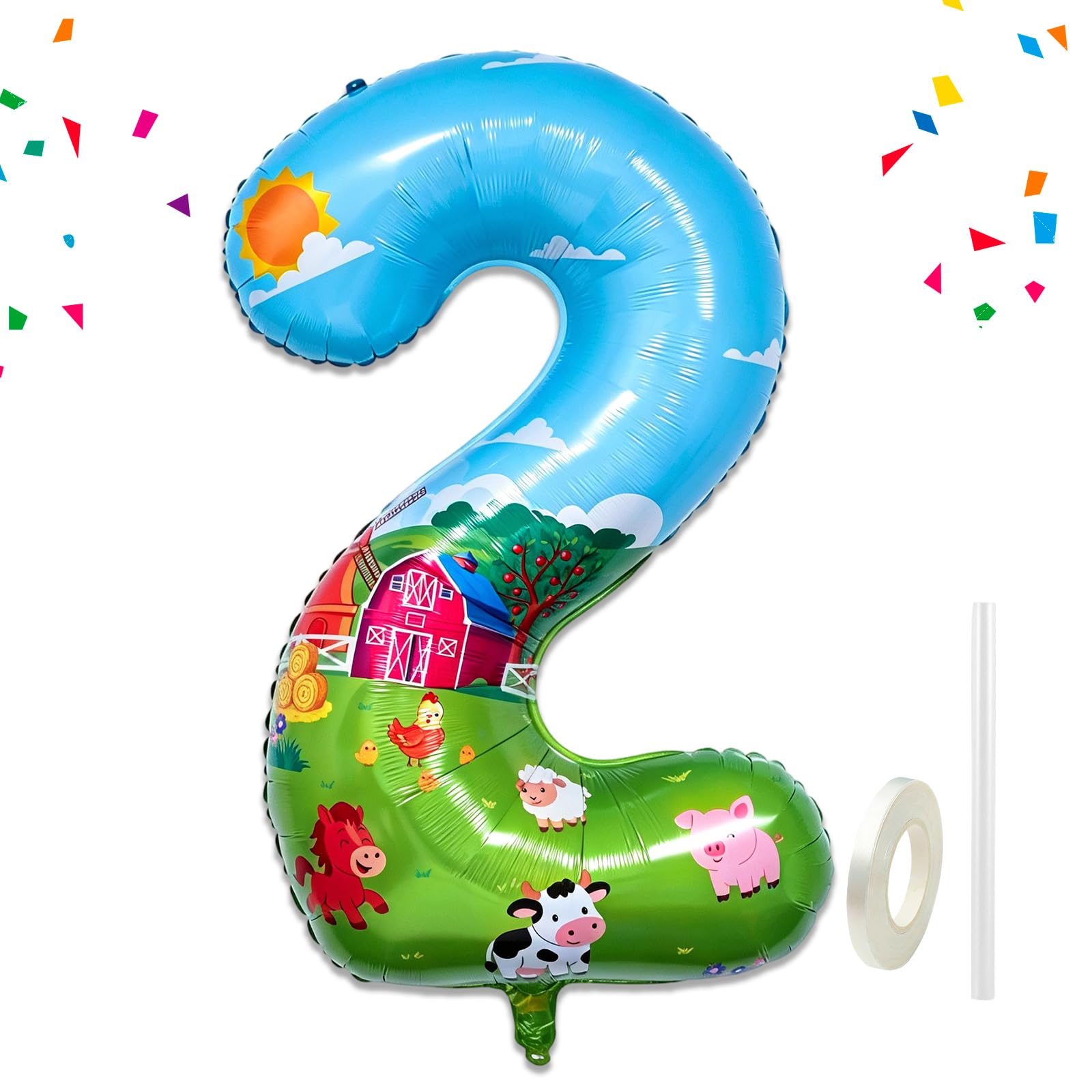40'' Farm Number 2 Balloon,Farm Animal Birthday Decorations,Farm Barnyard 2nd Birthday Party Supplies