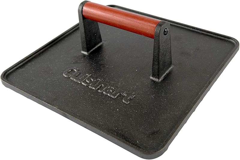 Prensa de parrilla de hierro fundido XL, 10.0 x 10.0 in, resistente antiadherente, prensa de carne para hamburguesas con mango de madera, accesorio perfecto para parrilla, ideal para asar, paninis y barbacoas