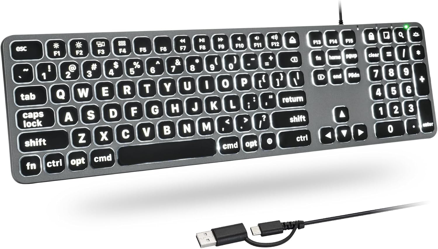 Backlit Wired Keyboard for Mac, Large Print Keyboard with Dual Interface, Full Size Slim Thin Computer Keyboards with Numeric Keypad Compatible with Apple MacBook Air/Pro, iMac, Mac Mini/Pro