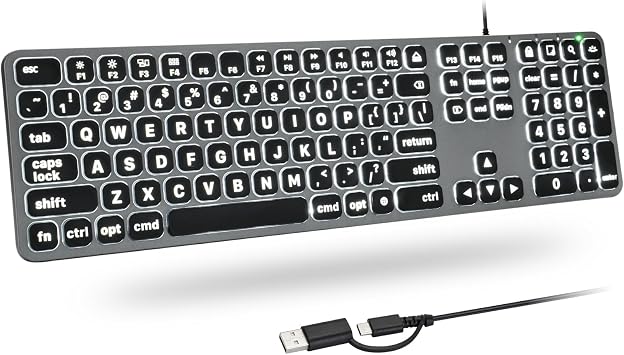 KOPJIPPOM Backlit Wired Keyboard for Mac, Large Print Keyboard with Dual Interface, Full Size Slim Thin Computer Keyboards with Numeric Keypad Compatible with Apple MacBook Air/Pro, iMac, Mac Mini/Pro
