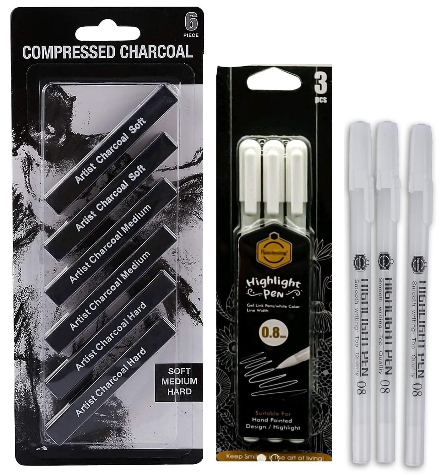 ChiggiWiggi 6 Pcs Compressed Charcoal Sticks For Drawing Shading Soft, Medium & Hard and 3 Pcs White Highlighter Gel Pen for Making & Highlights for Mandala Art and Drawing