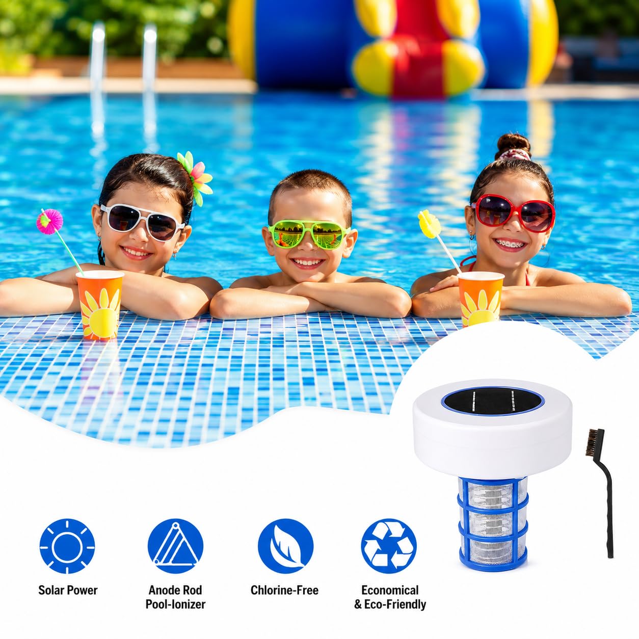 Pulitore solare ionizzatore per piscine, purificatore d'acqua agli ioni di rame e argento, con 2 set di accessori, senza cloro, per piscine fuori terra, spa e vasche idromassaggio