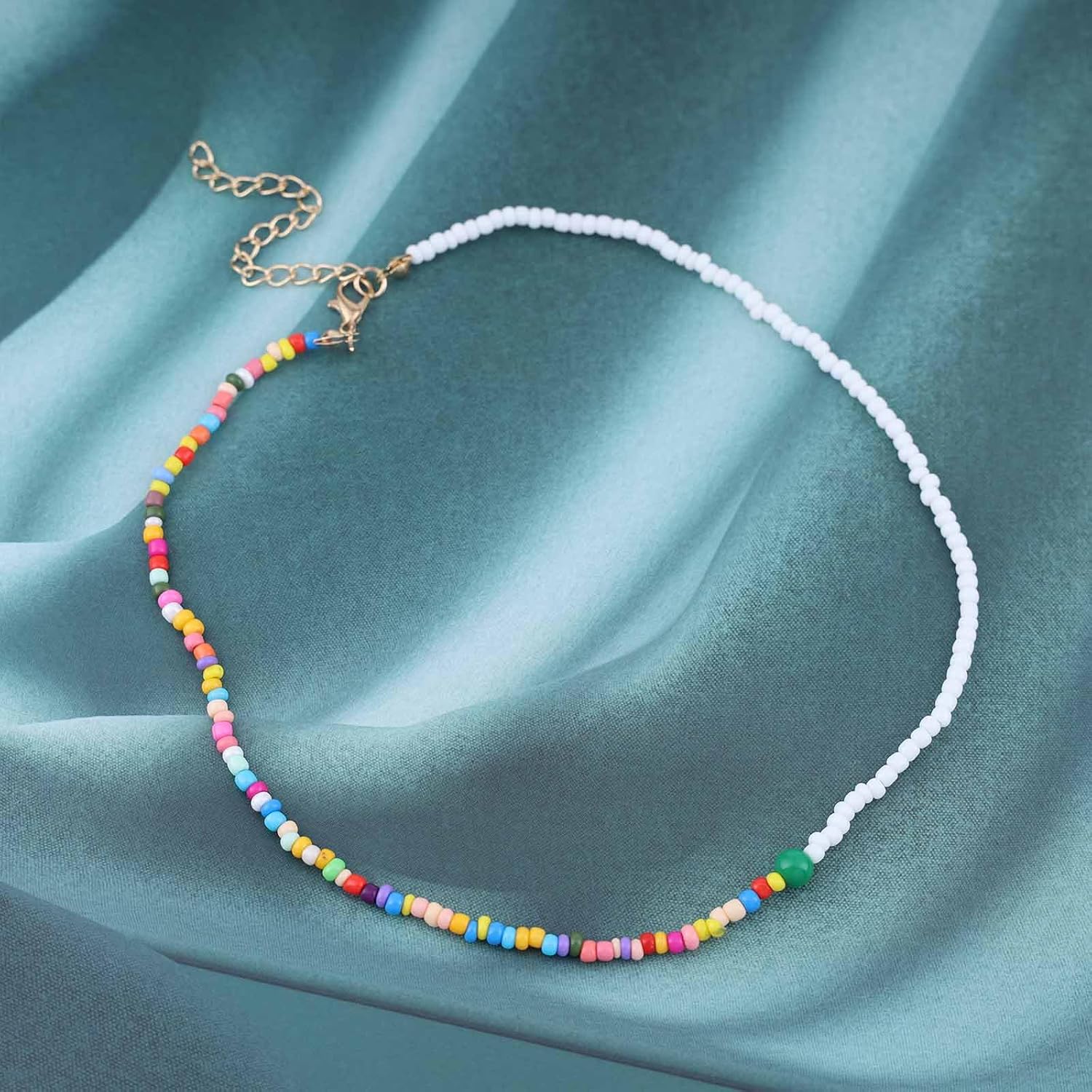 Vintage Colorful Seed Bead Necklace Short Seed Bead Choker Necklace Rainbow Bead Choker Necklace Splice Chain Choker Necklace White Rice Bead Necklace Jewelry for Women - Image 3