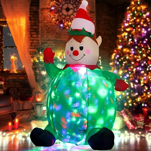 Miniatura 7 de Elfo inflable de Navidad de 4 pies para decoración interior y exterior, elfo verde con luces LED giratorias para patio, para Navidad, WM - 12