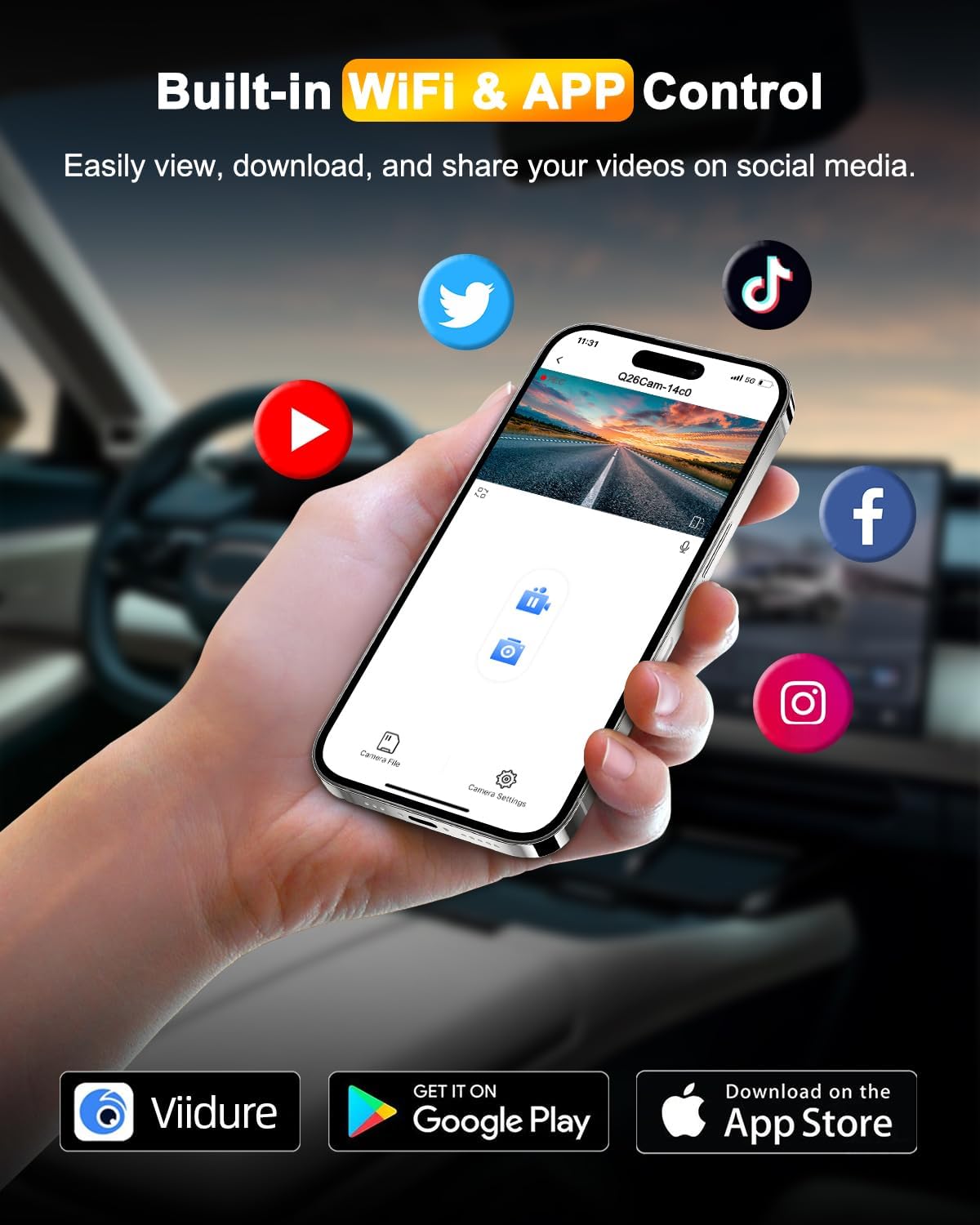 Smartphone app interface for zhiroad dash cam with social media sharing options