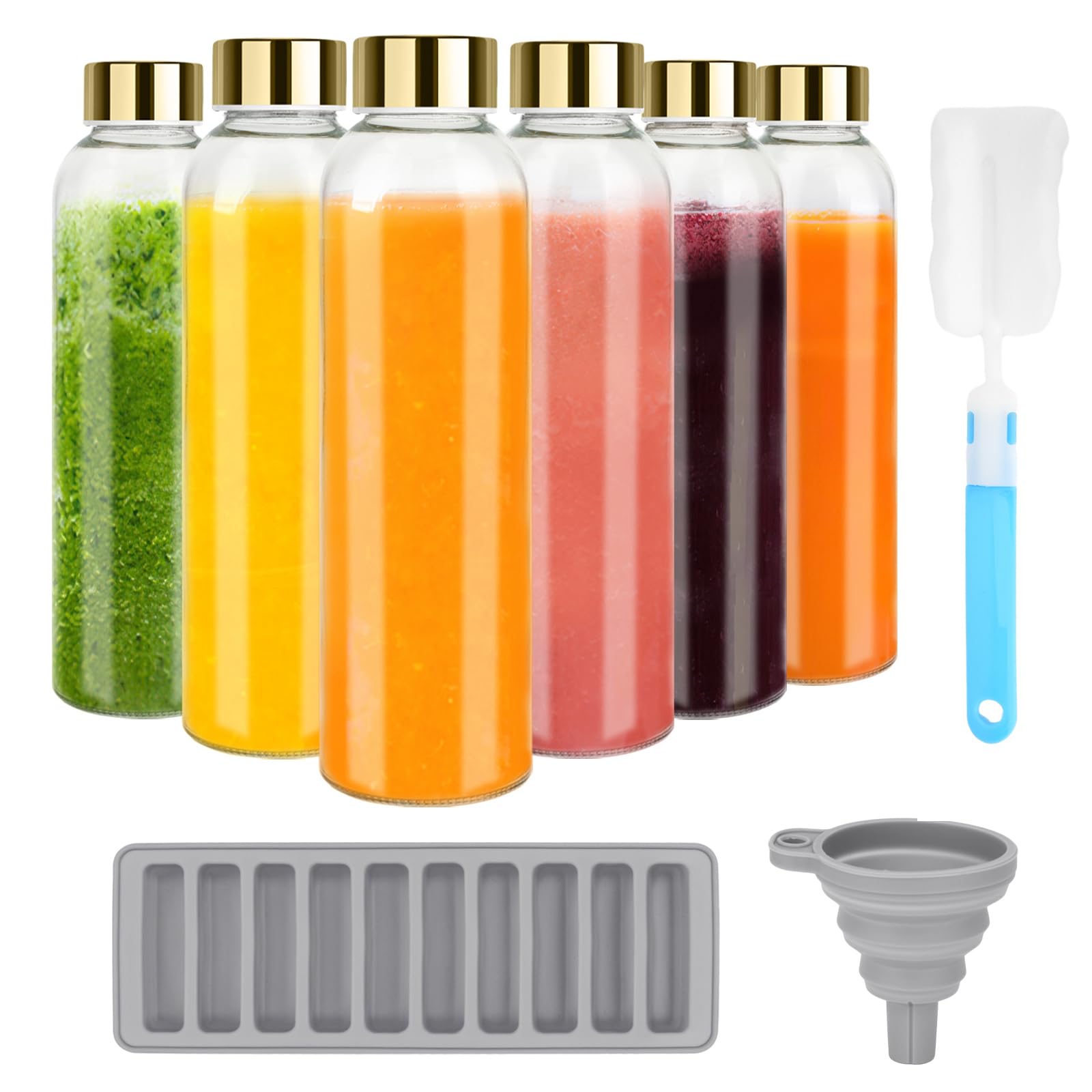 Zukro 18 oz Glass Juice Bottles with Gold Lids, Leak Proof, Set of 6