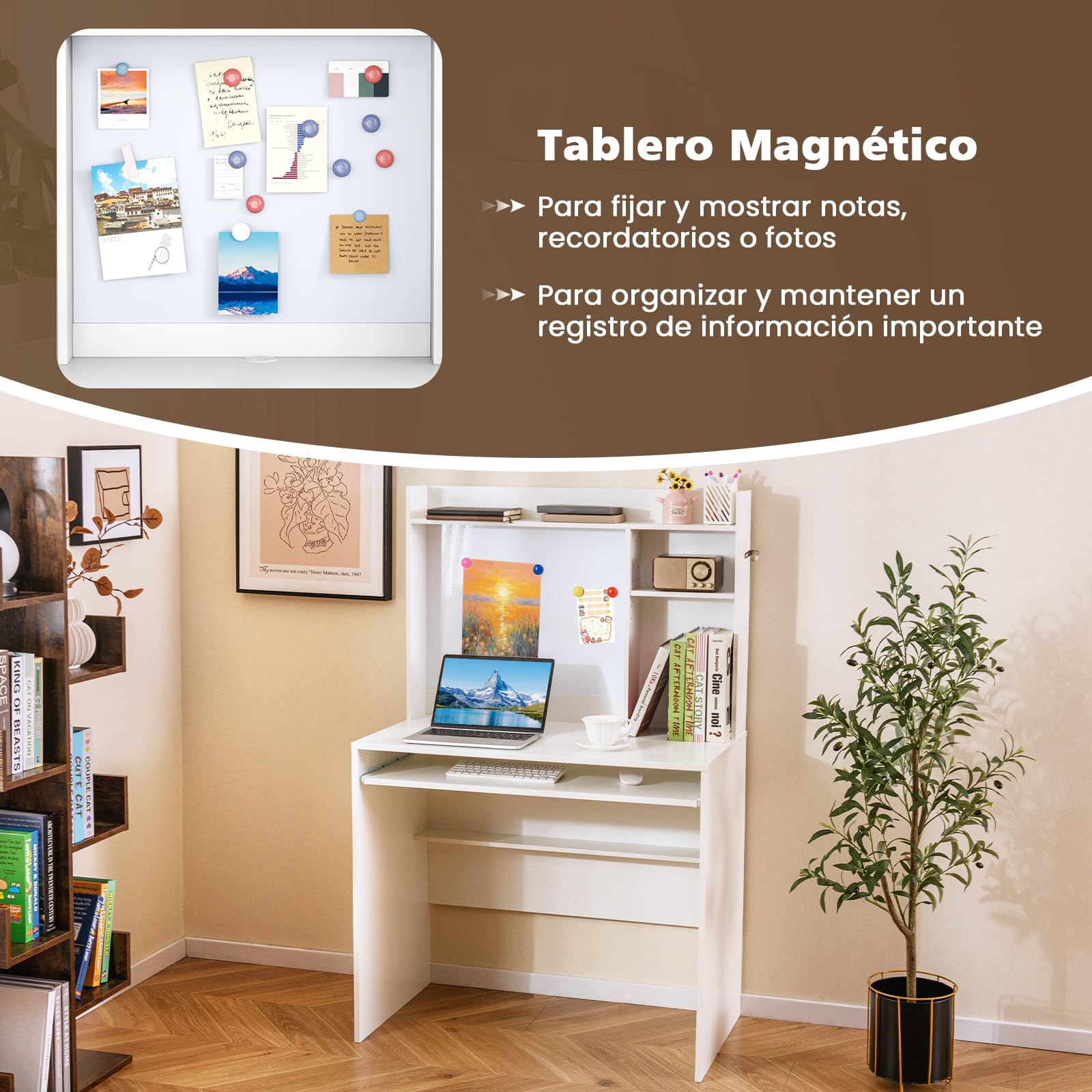 GIANTEX Escritorio de Ordenador con Estantería, Escritorio de Madera con Bandeja de Teclado, Estantes Abiertos y Tablero Magnético, 89 x 50 x 138 cm, para Dormitorio, Oficina (Blanco)