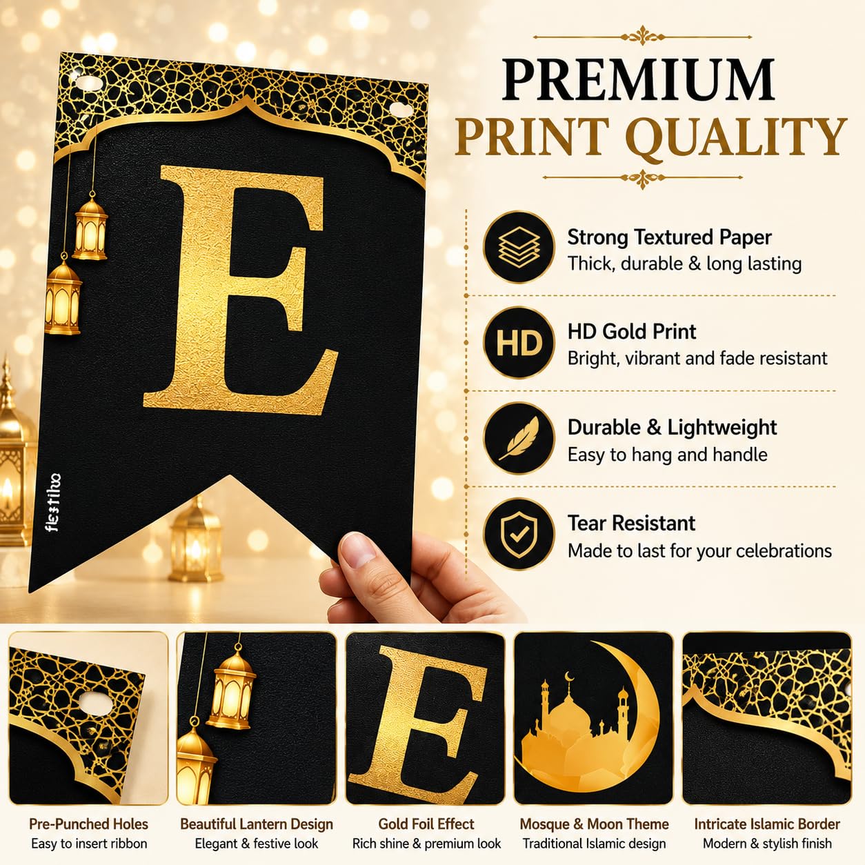 Festiko® Eid Mubarak Banner Decoration for Home, Black Gold Ramadan & Eid Kareem Banner, Islamic Mosque Lantern Theme Party Decor, DIY Hanging Banner, 350 GSM Paper Decor 3