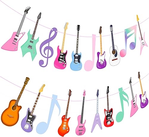 2 pancartas temáticas de guitarra, decoraciones de fiesta de cumpleaños de guitarra, decoración de fiesta de música para niñas, suministros de