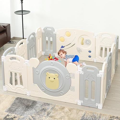 Corralito para bebés con puerta con cerradura, panel de juegos ajustable, patio de juegos plegable para niños pequeños, valla de seguridad de 14