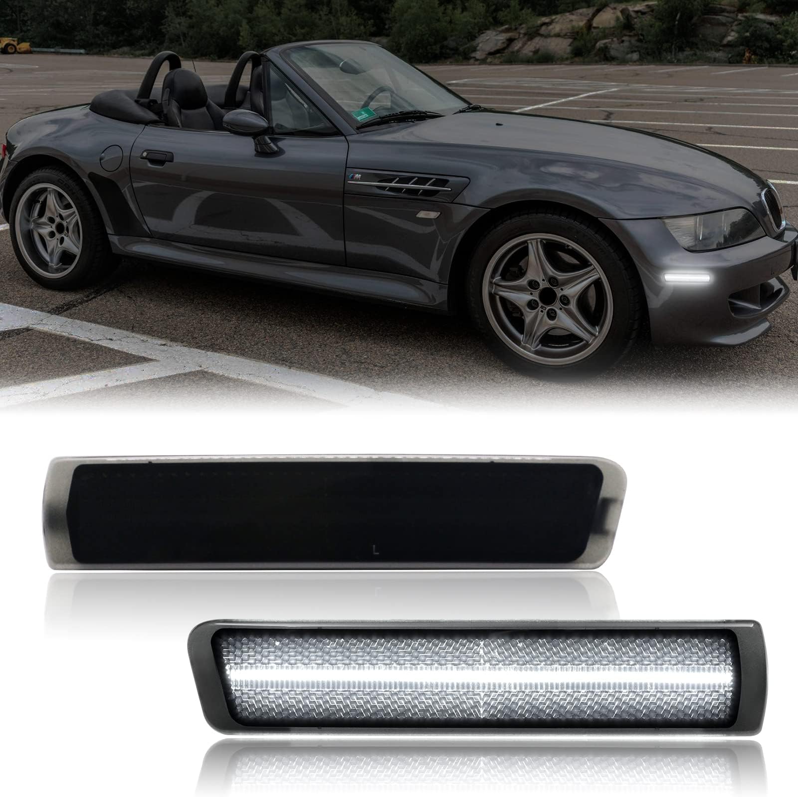 LED Side Marker Lights Compatible with Z3 M Roadster/M Coupe 1997-2002, Z3 Roadster Convertible 1996-2002, Front Smoked Lens White Fender Marker Parking Lamp Replacement Assembly