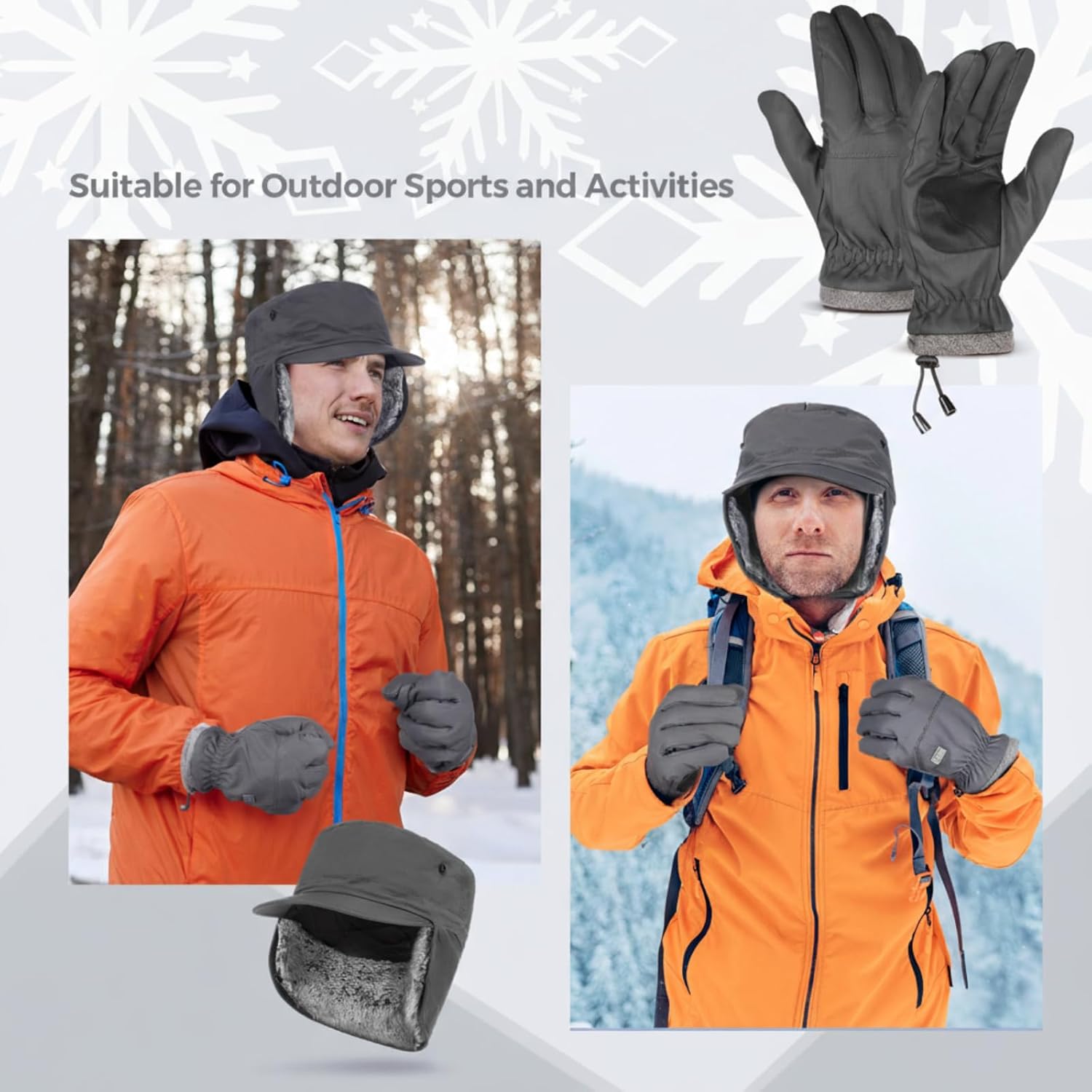 Men's Warm Winter Faux Fur Lined Hat Gloves Set Trapper Hunting Hats with Earflaps Waterproof Touchscreen Gloves - Image 4