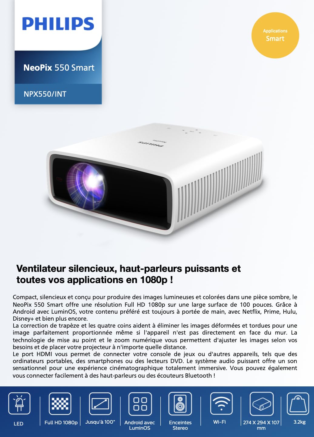 Vidéoprojecteur - PHILIPS - NeoPix 550 Smart - Full HD 1080p - 500 lumens - 100 pouces