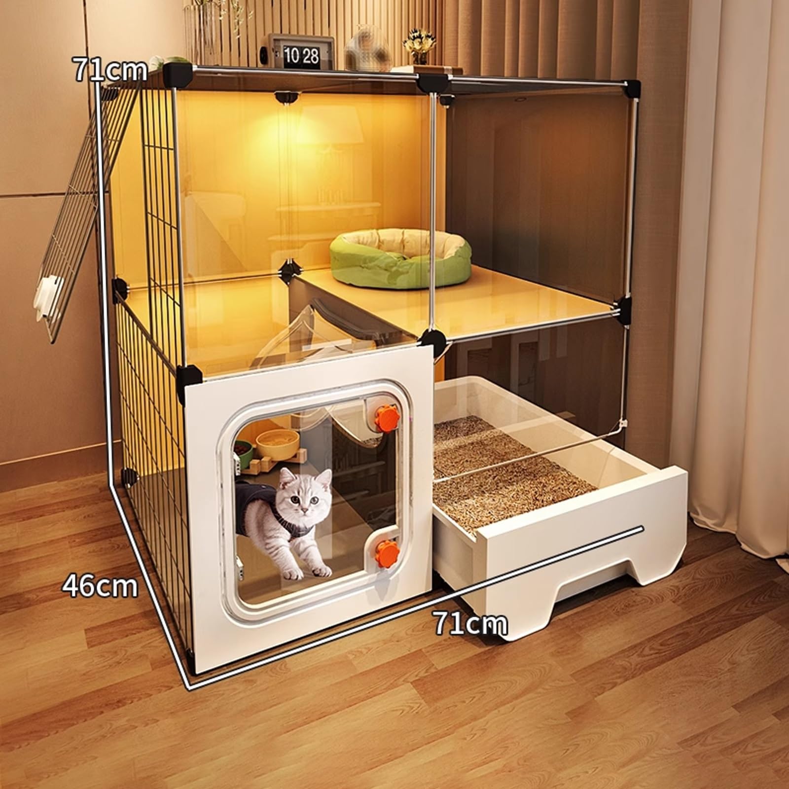 Gabbia Per Gatti Interno con Lettiera, Recinto Trasparente Multilivello | Gabbia Trasparente Ottima Ventilazione, Recinto Spazioso per 1–2 Gatti, Facile da Montare(71x46x71CM)