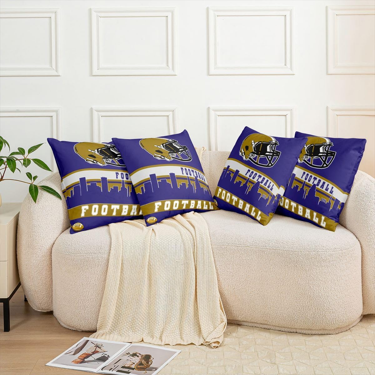 Erosebridal Football City Set of 2 Throw Pillow Covers 24x24 Inch Football Pillow Covers Kids Purple Rugby Game Cushion Covers Football Fans Sports Ball Competition Cushion Cases