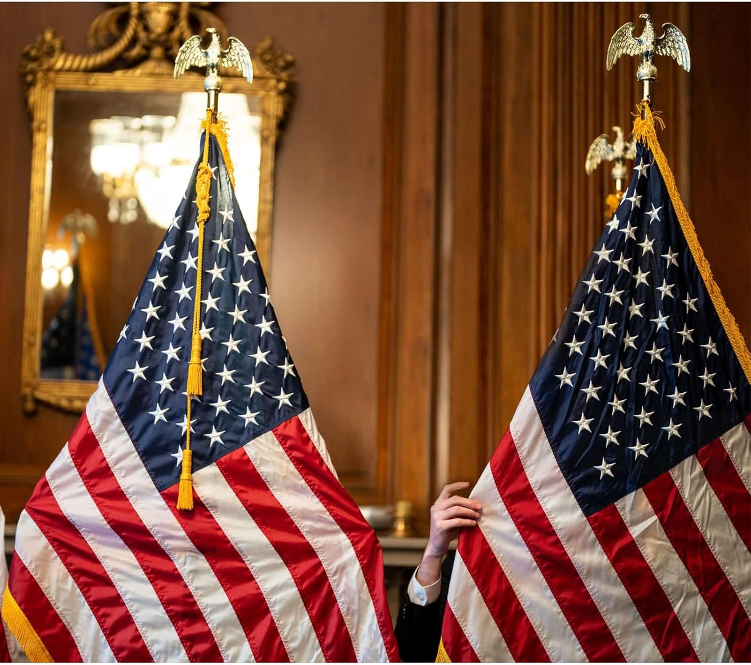 SYII Cotton American Flag with Gold Fringed 3x5 Feet, Luxury Embroidered Stars and Pole Sleeve Banner Style, Heavy Duty Polyester US Flags for Indoor