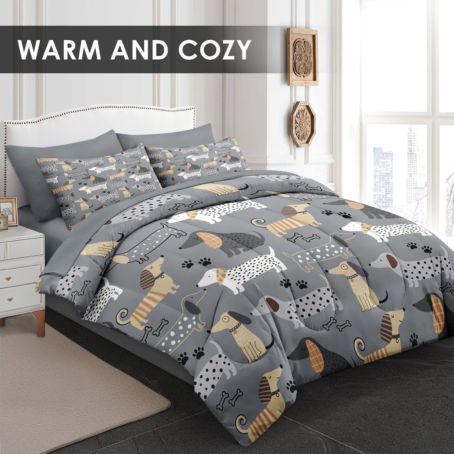 Comforter Set Full Size, Cute Dog 7 Pcs Bedding for Kids and Adults, Animal Nursery Pet Bed Sheet Sets with Fitted Sheet 2 Pillowcases & 2 Shams for Bedroom Bed Decor