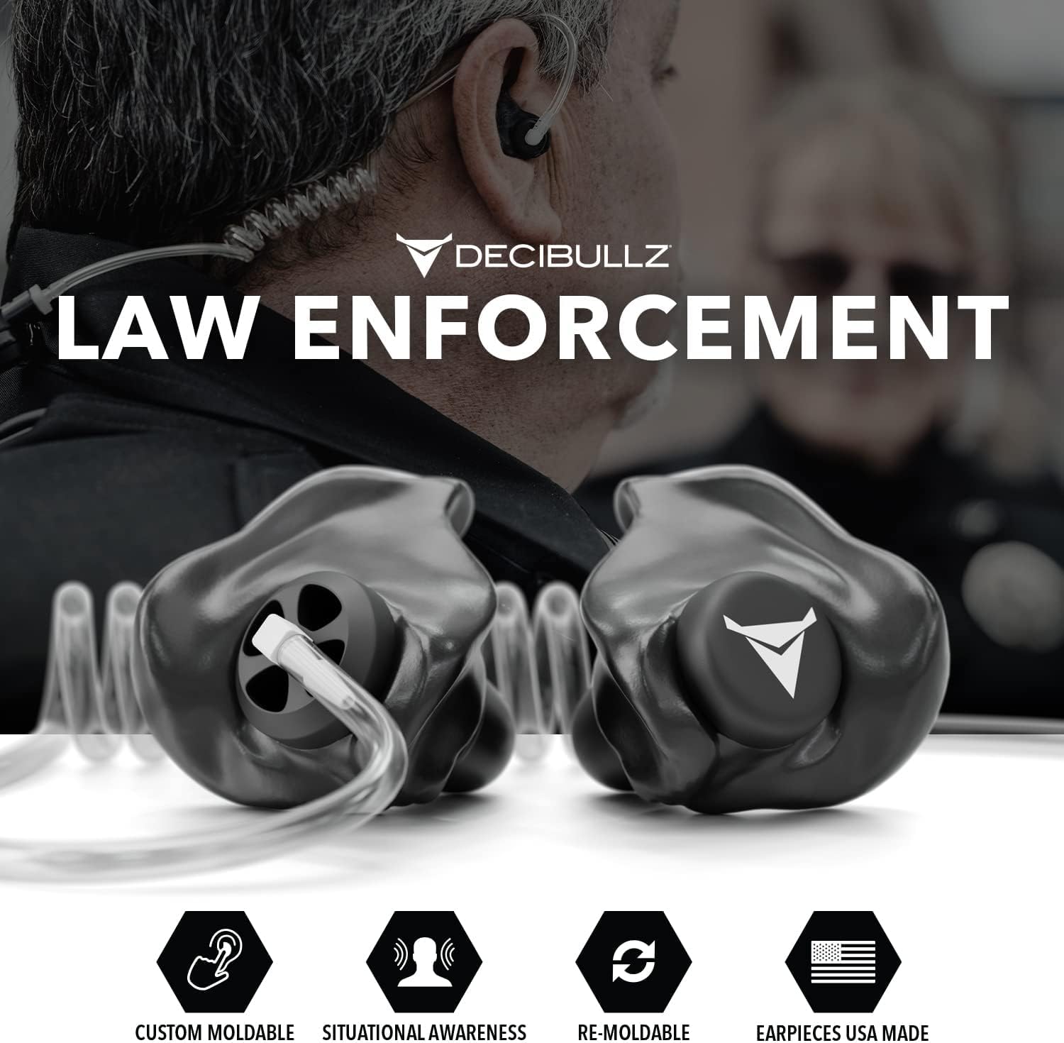 Decibullz Two-Way Surveillance Radio Headset Custom Molded Security Radio Surveillance Earpiece Set, Thermo-Fit Designed for Clear Acoustic Tube Radios, Awareness