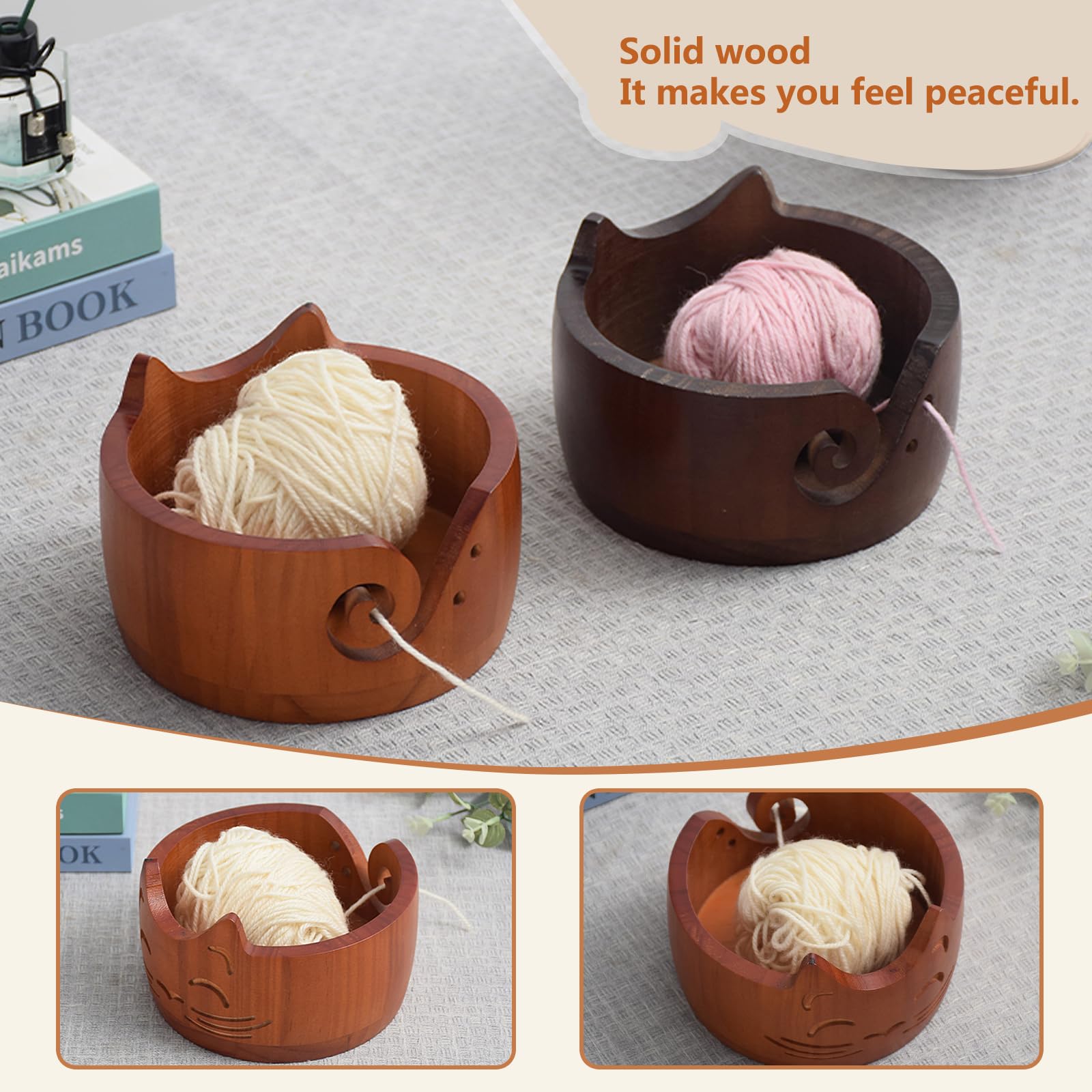 Garnschale aus Holz, Garnschüssel Strickschüssel Große Handgefertigte Wollschüssel, Katze Ohrförmige Aufbewahrungsschale für Wolle Strickgarn Strick und Häkelprojekte Verhindert Verheddern (Braun)