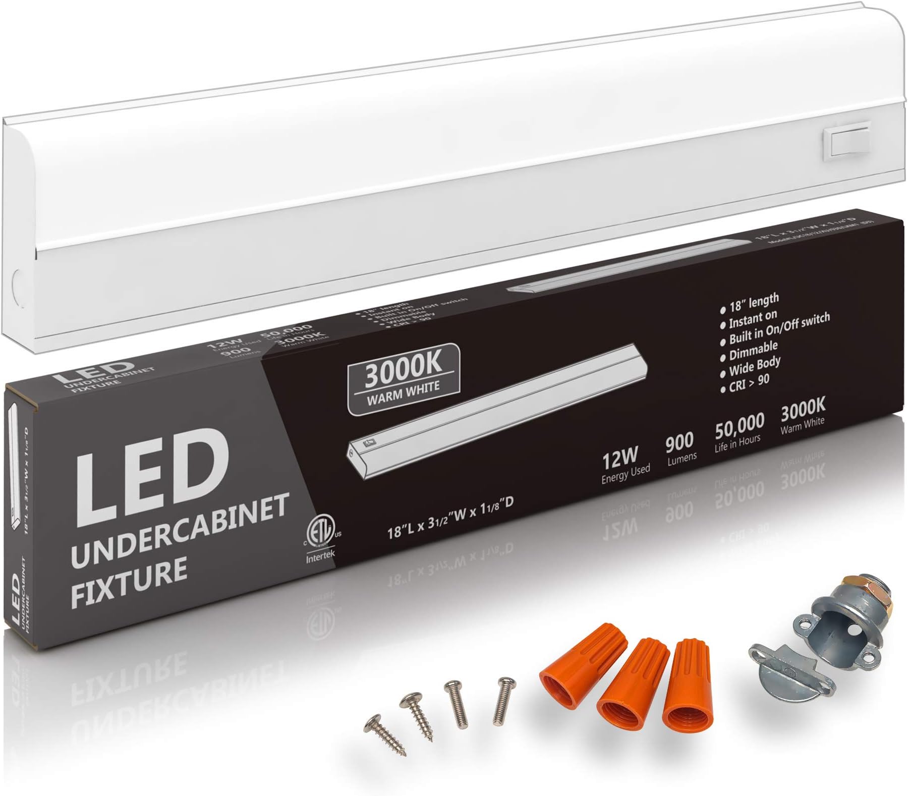 Hardwired LED Under Cabinet Task Lighting - 12 Watt, 18", Dimmable, CRI>90, 3000K (Soft White), Wide Body, Long Lasting Metal Base with Frost Lens