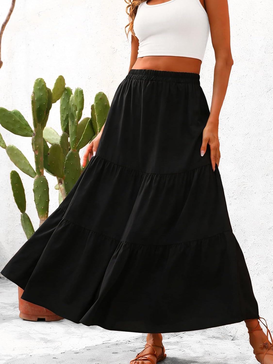 Long Skirts for Women 2026 Summer Boho Beach Vacation Clothes Pleated High Waisted Flowy Maxi Skirt with Pockets - Image 3