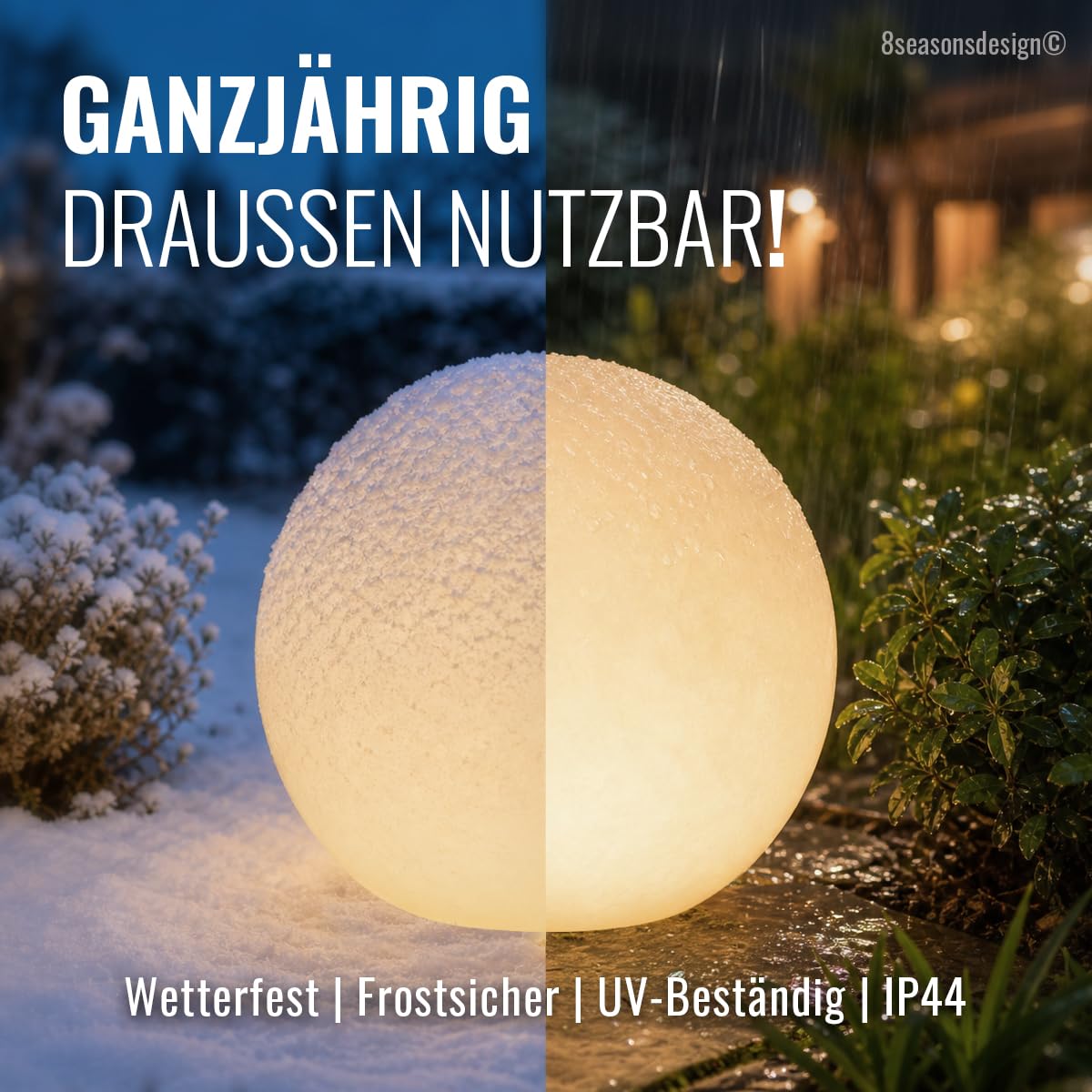8 seasons design Solar Kugelleuchte 30 cm Shining Globe (weiß) LED warmweiß, Dämmerungssensor – wetterfest – Solarlampe für außen (Garten, Terrasse, Balkon)