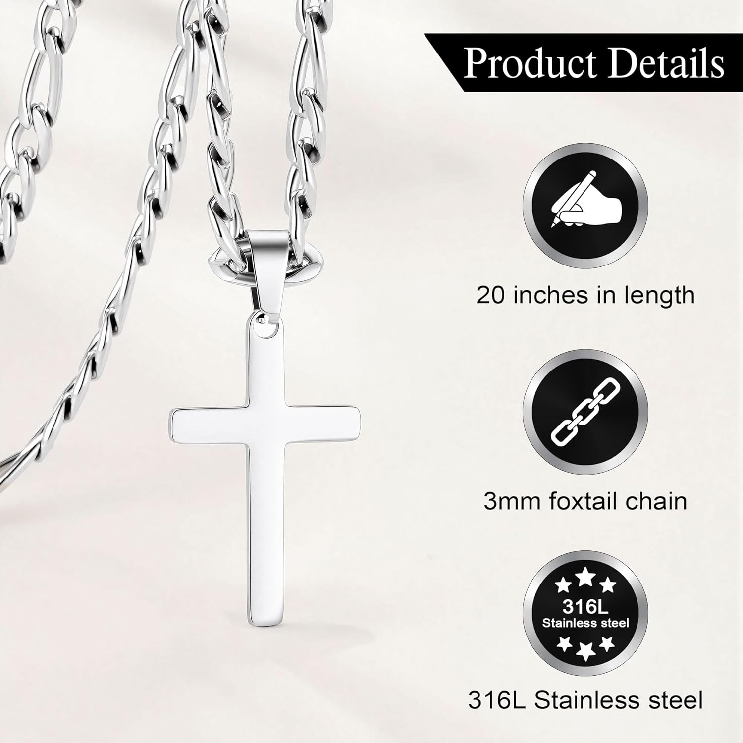 IEFLIFE Cross Necklaces Gifts for Son Men - Silver Figaro Chain Stainless Steel Cross Necklace Jewelry, Christian Baptism Gifts for Boys Men, Birthday Gift for Dad Husband Brother Son Grandson