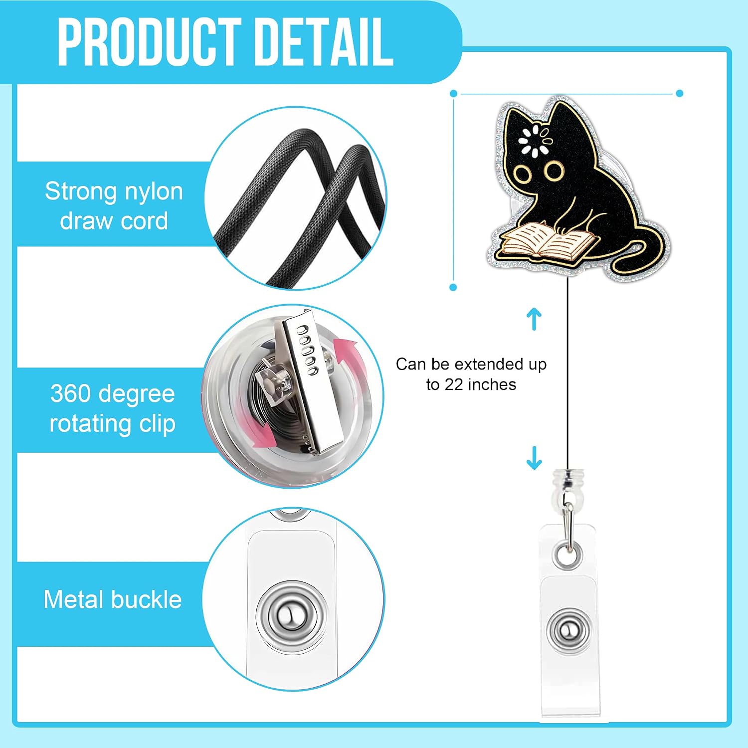 Cute Black Cat Reading Book Badge Reel Retractable – Funny Book Lover ID Badge Holder for Teacher, Librarian, Student with Alligator Clip & 24" Nylon Cord image 4