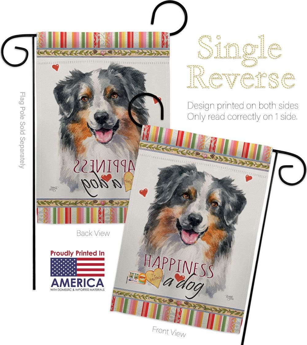 Australian Shepherd Happiness Garden Flag Set Wall Holder Animals Dog Puppy Spoiled Paw Canine Fur Pet Nature Farm Animal Creature Small Gift Yard House Banner Made In USA 13 X 18.5