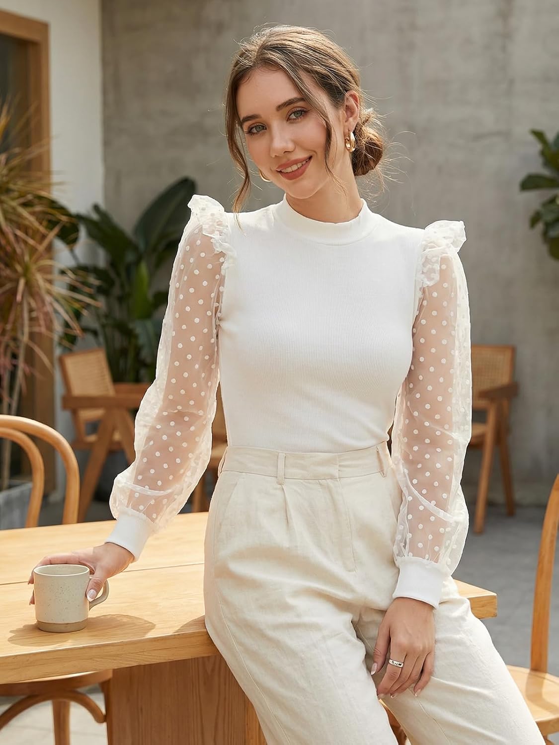 WAYMAKER Women's Mock Turtle Neck Polka Dot Sheer Mesh Puff Long Sleeve Bodysuit Blouses Tops Shirts - Image 3