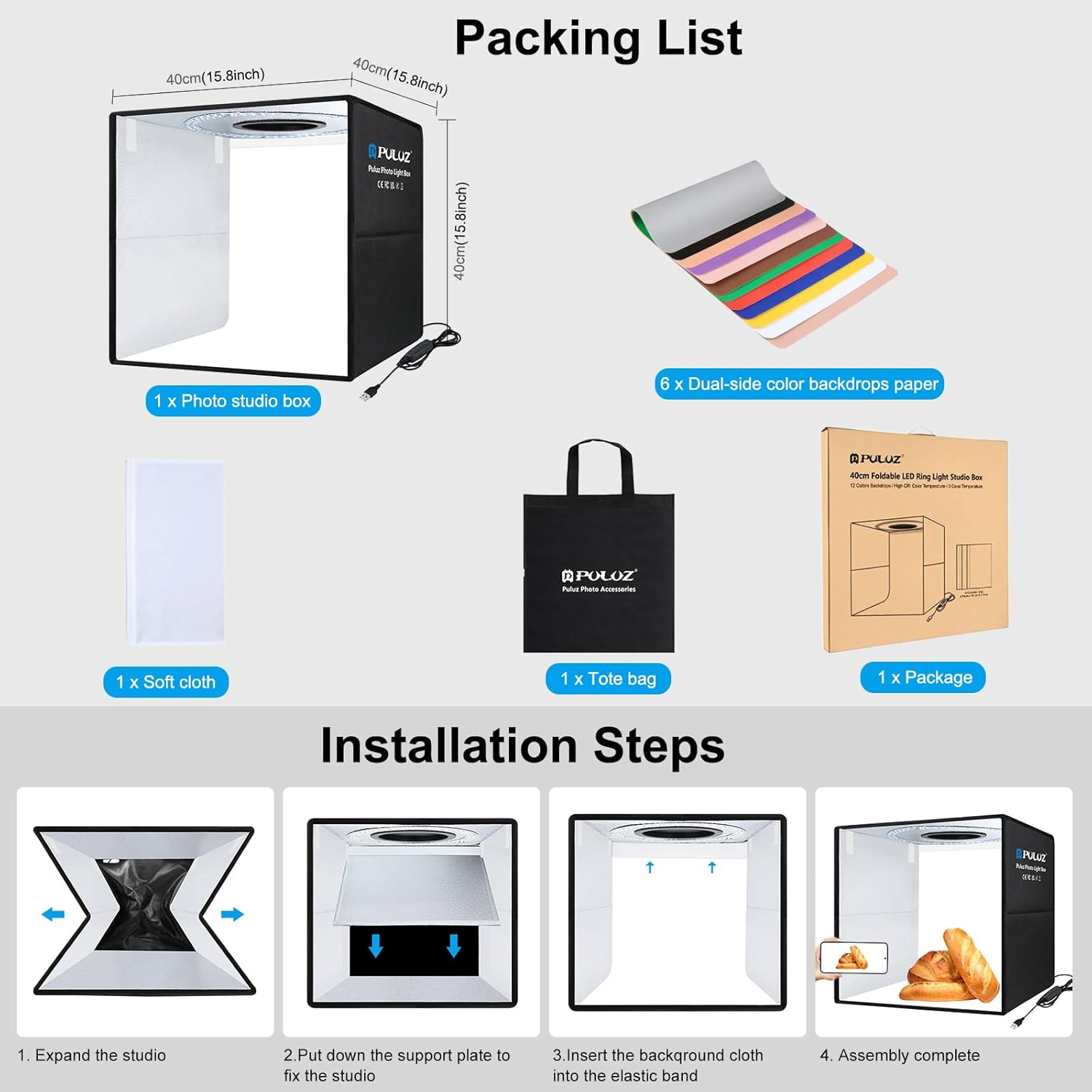 PULUZ 16x16 Inch High CRI≥95 Dimmable Light Box, 144 LED Photo Studio Lighting Kit with 6 Backdrops, Portable Shooting Tent for Product Photography