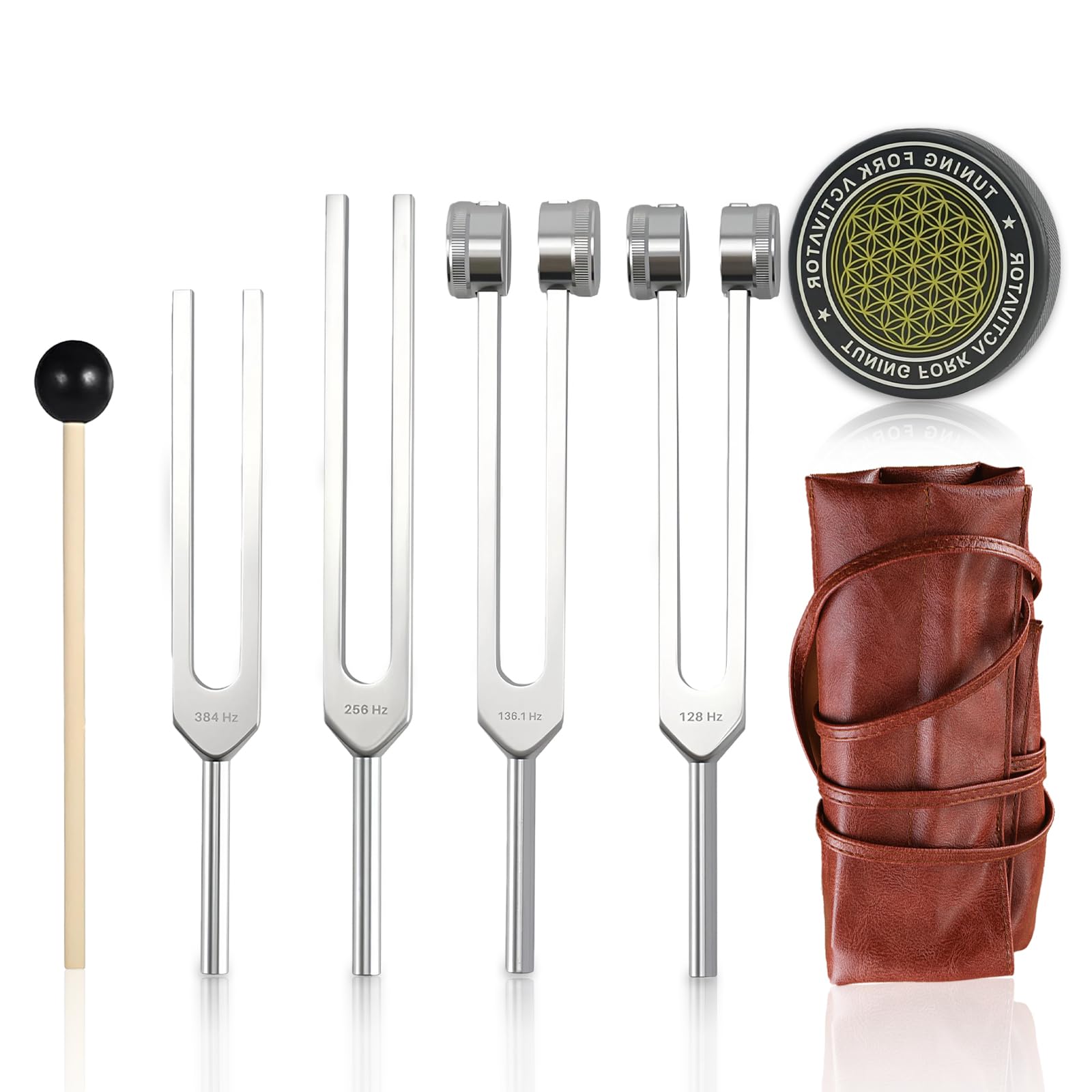 Juego de 4 Diapasones Terapéuticos para Curación y Meditación | 128/136/256/384Hz para Meditación Yoga Relajación Curación Sonora y Equilibrio de Chakras con Mazo Activador y Bolsa de Piel